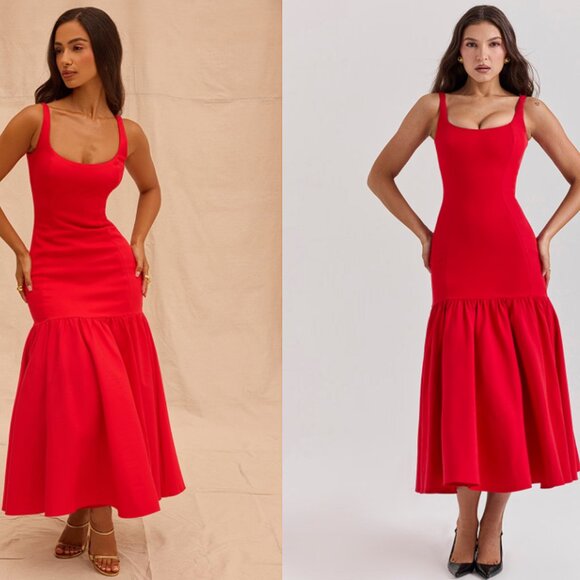 HOUSE OF CB 'Amore' Scarlet Dropped Waist Midi Dress NWOT - Picture 1 of 8